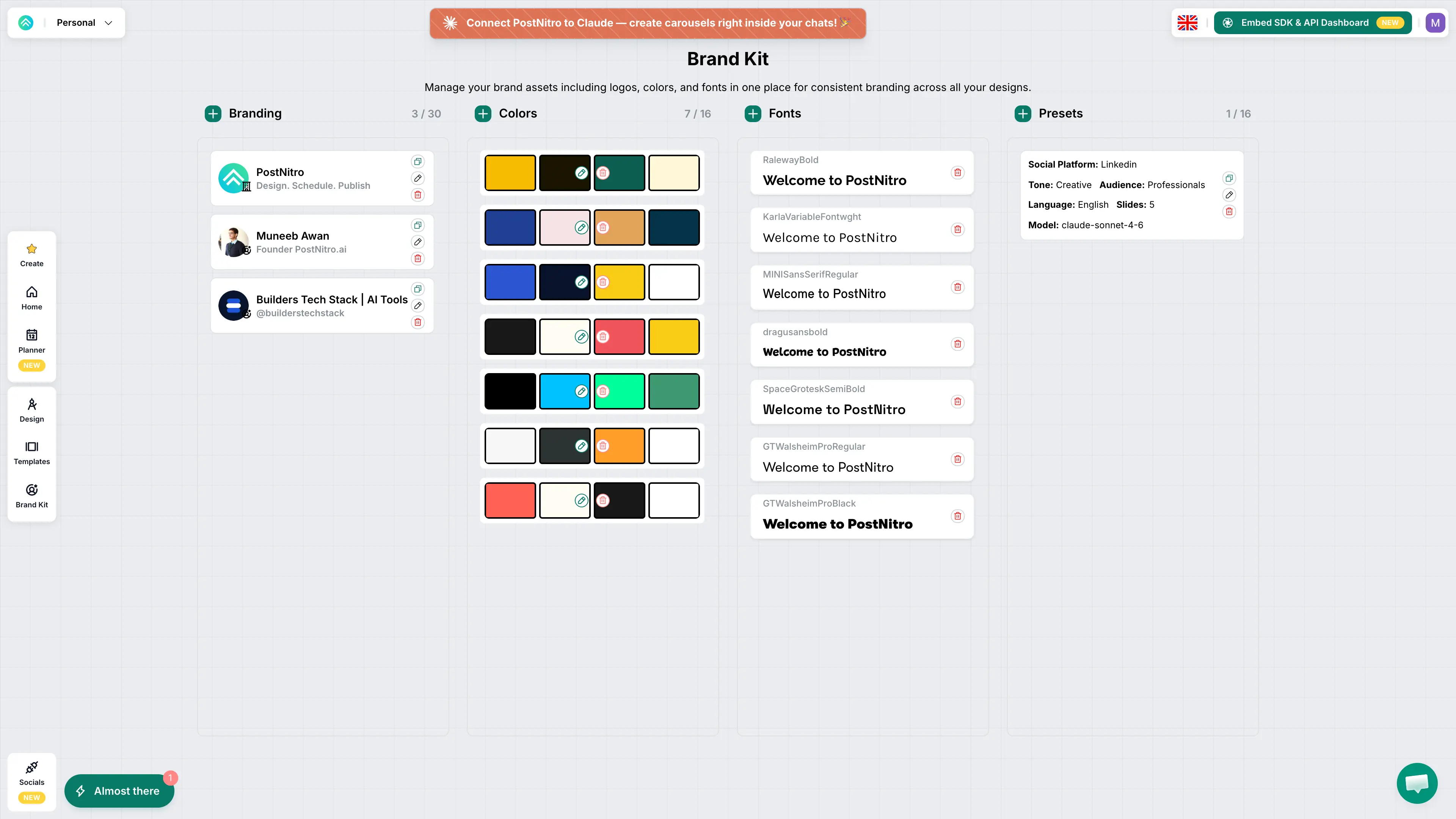 Brand kit controls in PostNitro: font pairings, colour palettes, uploaded fonts and team headshots