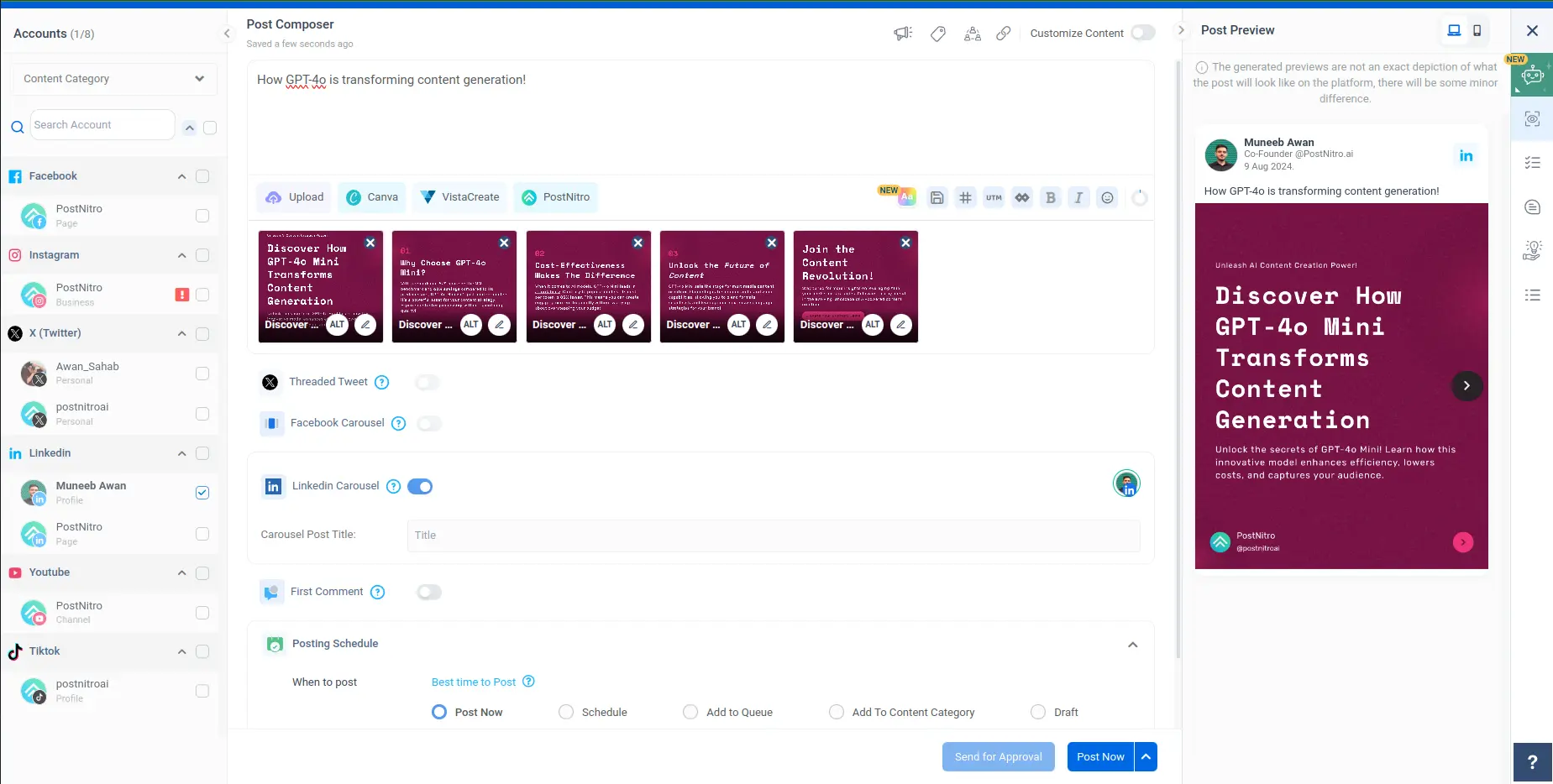 PostNitro's carousel editor running inside ContentStudio