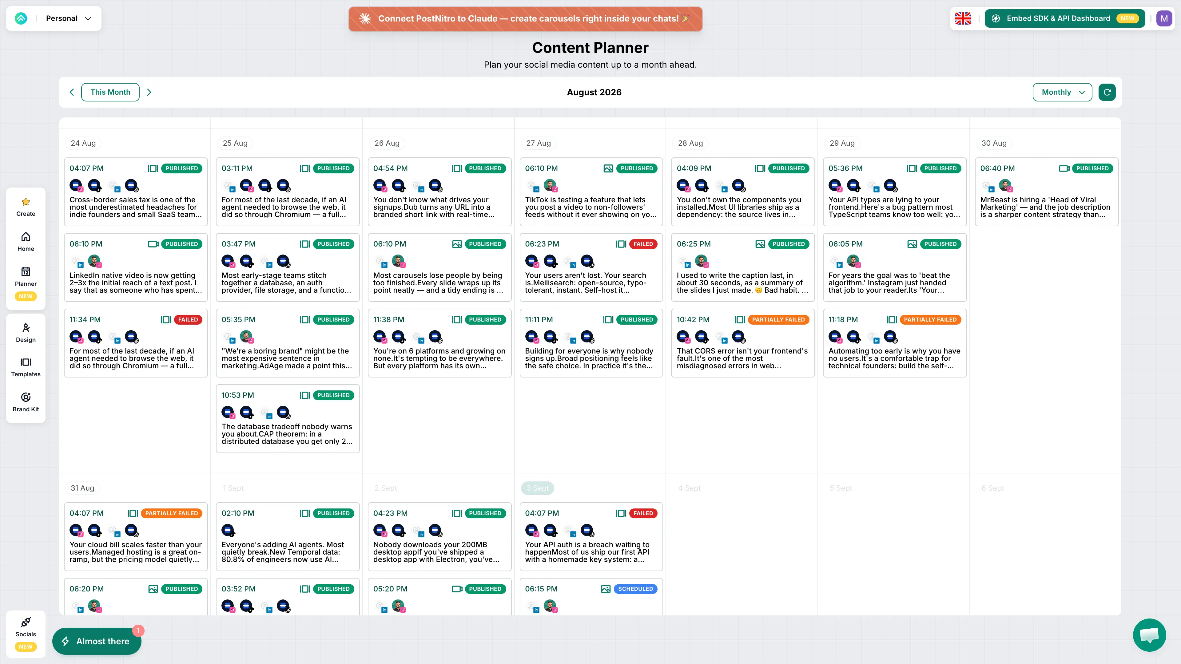The PostNitro planner in month view with scheduled and draft posts across LinkedIn, Instagram, TikTok and Threads