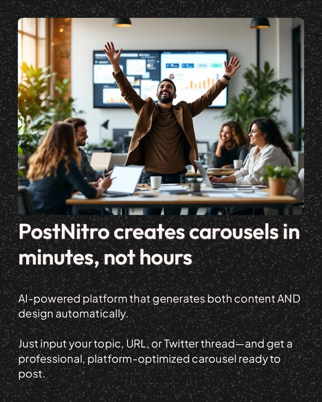 Team celebrating in modern office with presentation screen, illustrating PostNitro's fast carousel creation