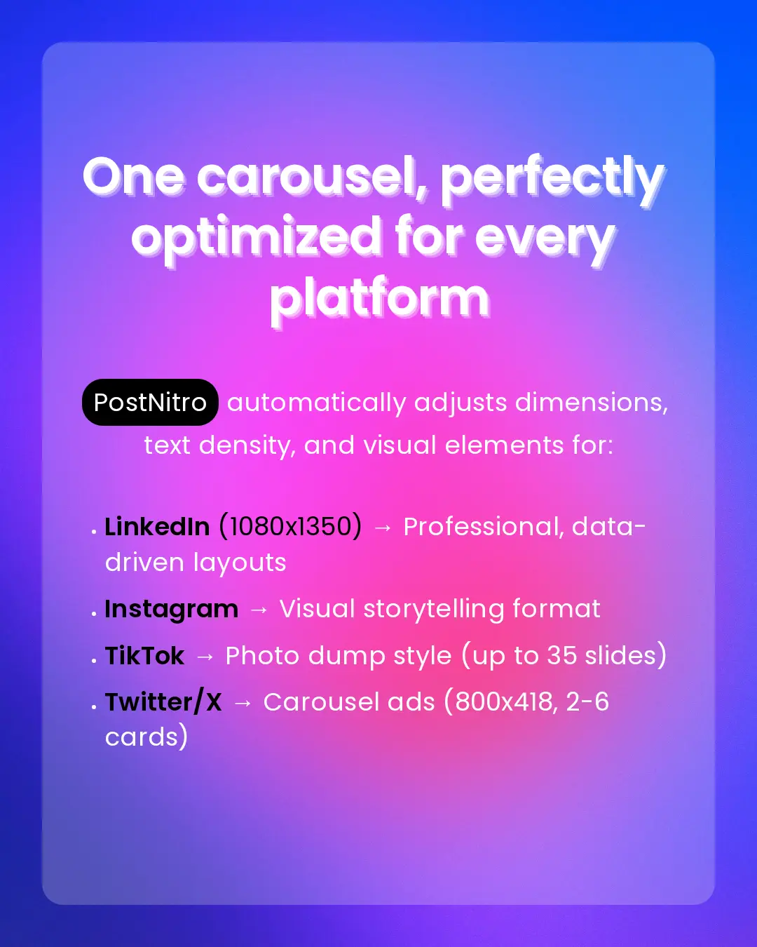 Platform-specific carousel optimization guide showing dimensions and formats for LinkedIn, Instagram, TikTok, and Twitter/X