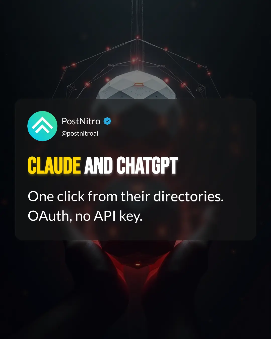 Carousel slide headed “Claude and ChatGPT”, noting one-click install from both directories with OAuth sign-in and no API key.