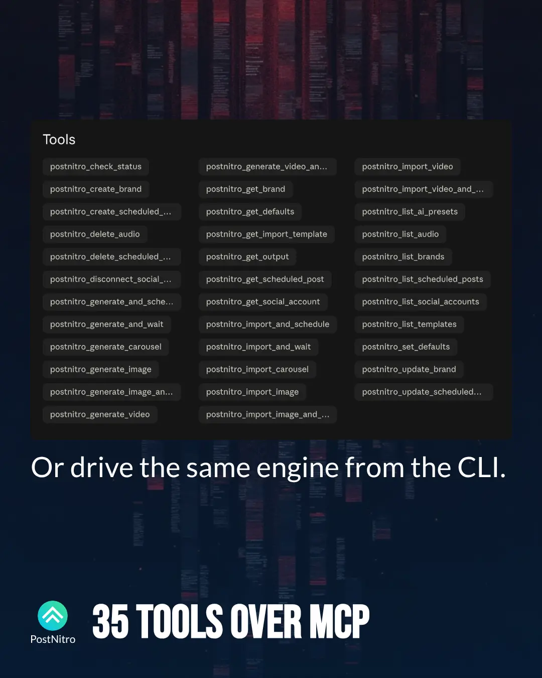 Carousel slide headed “35 tools over MCP”, with the alternative of driving the same engine from the CLI.