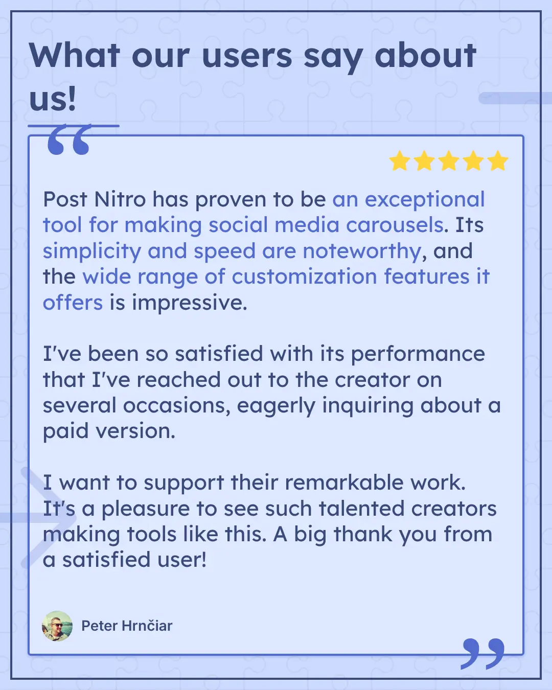 Testimonial slide quoting a Product Hunt review by Peter Hrnčiar: “An exceptional tool for making social media carousels”.