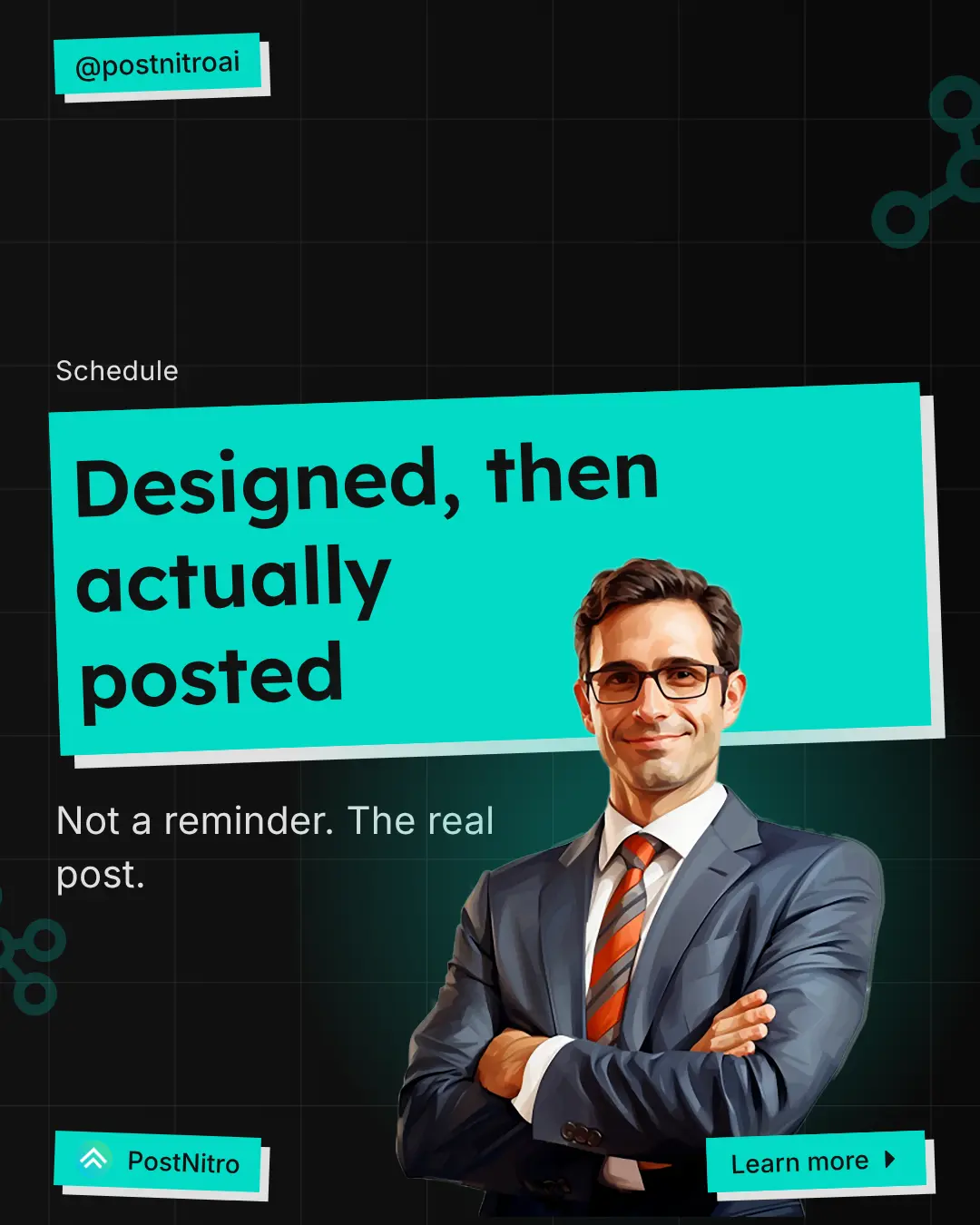 Opening slide of a four-slide scheduling carousel, headed “Designed, then actually posted” above “Not a reminder. The real post.”
