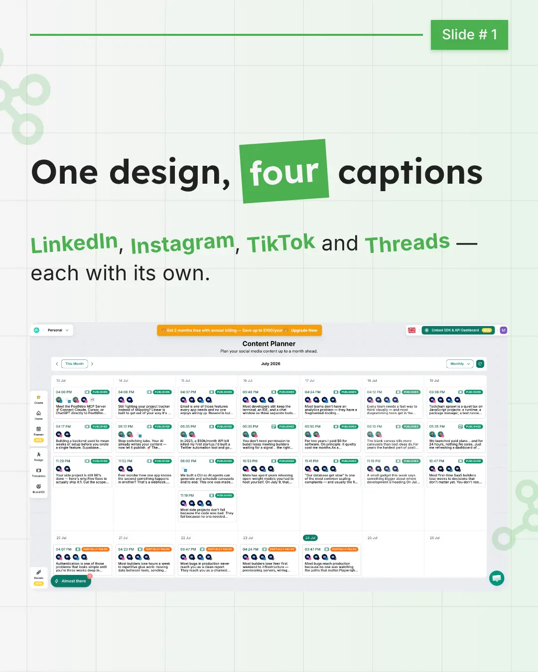 Carousel slide headed “One design, four captions”, explaining that one post goes to LinkedIn, Instagram, TikTok and Threads with a caption written for each.
