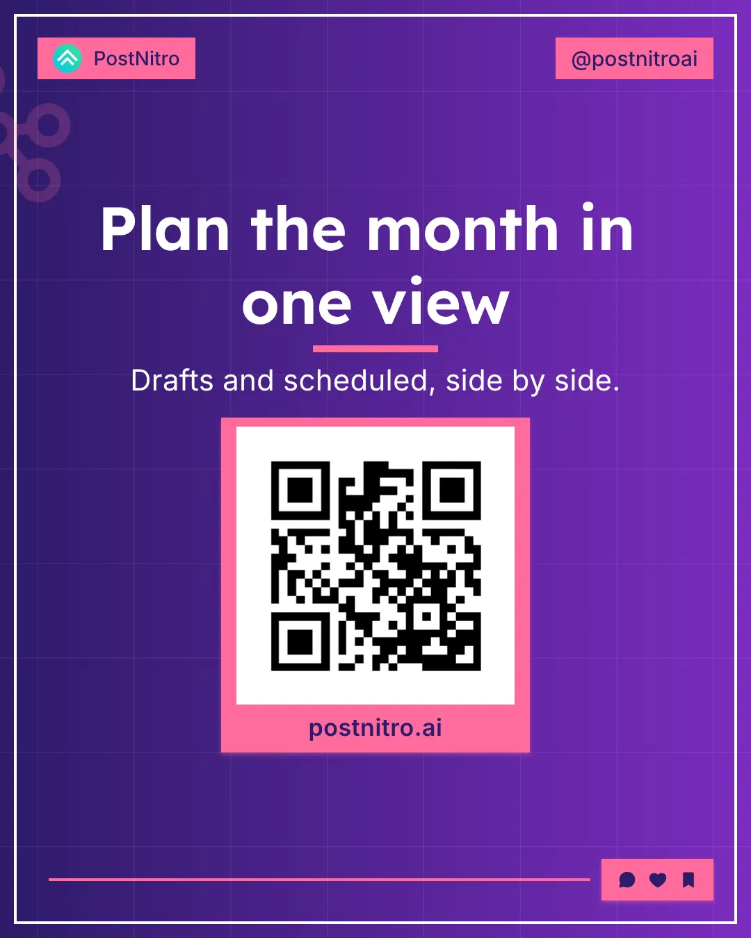 Closing slide of the scheduling carousel, headed “Plan the month in one view”, with drafts and scheduled posts side by side.